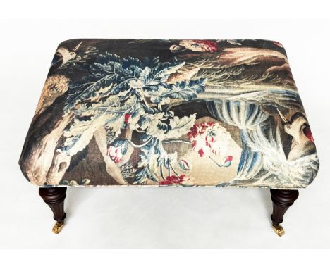 HEARTH STOOL, French style tapestry print fabric, on turned supports, 45cm H x 93cm W x 70cm D.