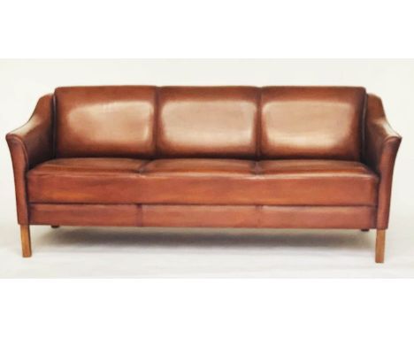 SOFA, three seater, Danish style grained mid brown piped leather and teak supports, 181cm W.