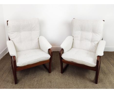 ATTRIBUTED TO GIMSON &amp; SLATER ARMCHAIRS, a pair, vintage, with later cushions and upholstery, 92cm H x 73cm W x 80cm D. (