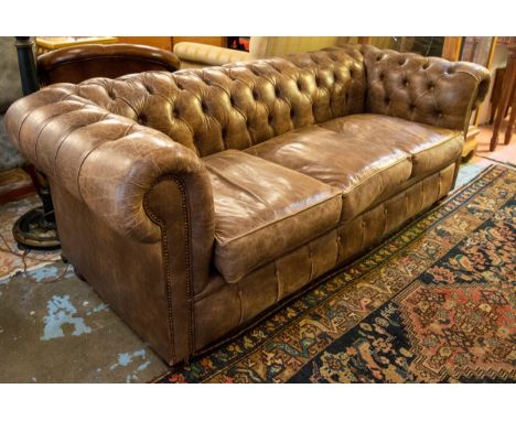 CHESTERFIELD SOFA, 78cm H x 212cm x 92cm, three seater in tan leather.