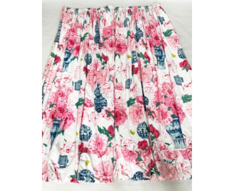 CURTAINS, a pair, lined and interlined chintz large scale print roses and Chinese blue and white ceramics, each curtain 268cm