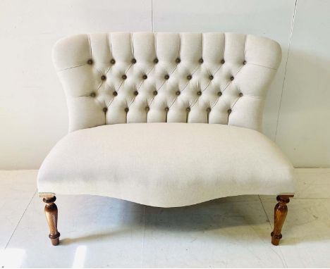 SOFA, Victorian style, with deep buttoned neutral linen upholstery on turned supports, 83cm H x 107cm W x 65cm D