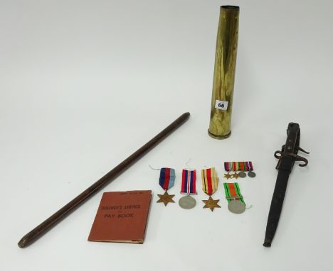 Four WWII medals and matching miniatures awarded to 'Les Aldworth' (SGT) with original posting box, also his soldiers service