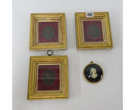 Set of three 19th Century bronze portrait miniatures in gilt and glazed frame overall size 16cm x 14cm from The Grosvenor Hot