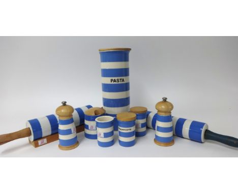 T.G.Green Cornishware, a collection including 12 inch Pasta jar with wooden lid, 6 inch Salt and Pepper grinders with wooden 