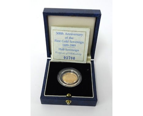 Royal Mint UK Proof Half Sovereign, commemorating the 500th Anniversary of the First Gold Sovereign '1489-1989', cased with c