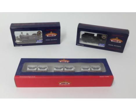 Bachmann 00 gauge 8750 Pannier tank engine, a 3F Fowler tank engine and a set of conflats, all boxed (3).