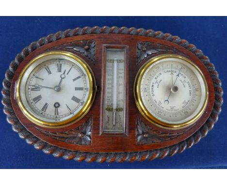 A mahogany cased combination clock, barometer and thermometer set.