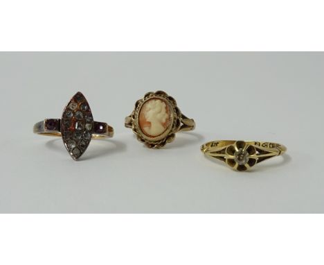 An antique diamond and ruby ring, 18ct single stone ring and a cameo and gold ring (3)