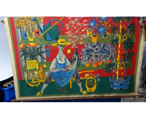 A Robert Debieve (French 1926 - 1994) printed tapestry 'Le Botaniste' with wood scroll ends, approx 116 x 166cm.