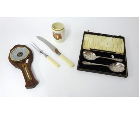 Cased silver plated and hammered effect spoon and fork set, other cased plated cutlery also modern wall barometer and coronat