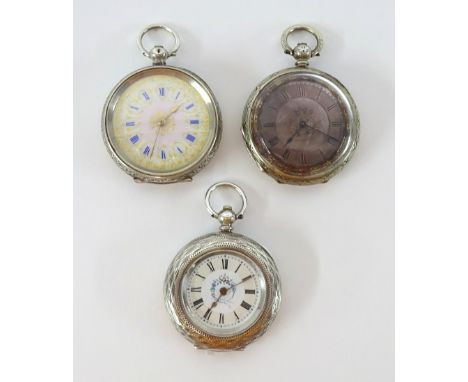 Silver fob watch with enamel and gilt dial marked 935 together with two other silver antique fob watches (3)