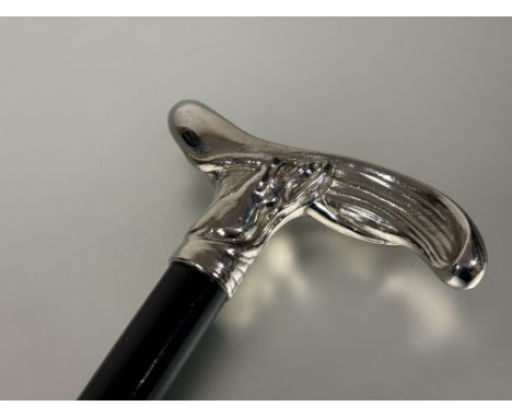 A French 1920s ebony walking stick with silver plated Art Nouveau figure scroll handle: l. x 79cm x l. x11.5cm