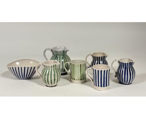 A collection of 1950's Striped Rye Pottery comprising, two blue and green striped pitchers (tallest h-11.5cm) and mug togethe