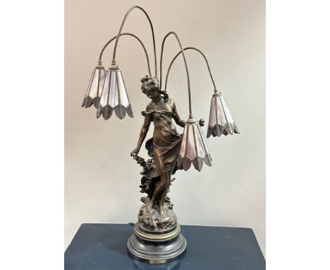 A reproduction cast patinated bronzed figure lamp Buisson de Mai after August Moreau French (1837-1917) wth four arched branc