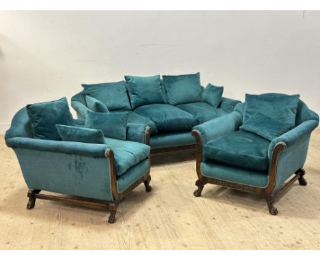 A good Edwardian mahogany frame three piece drawing room suite with blind carved scroll arms in deep emerald velvet (chair: h