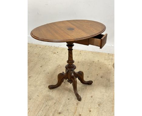 A Victorian walnut oval drop leaf lamp table, with two secret drawers, on turned column and bipod support (h.73cm x open l: 7
