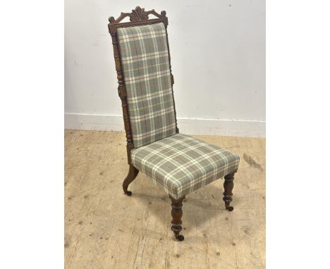 A Victorian light rosewood hall chair with upholstered panel back and seat in tartan wool fabric, with brass studded details,