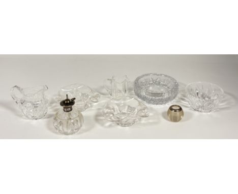 A collection of various wares comprising, a pair of etched glass tealight holders, a large crystal cut ashtray, a ridged glob