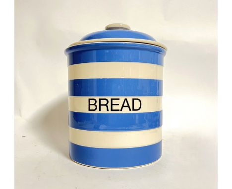 A T.G. Green Cornish Blue Cornish Ware labelled bread bin with domed lid marked verso in pristine condition (h. 33cm x d. 22c