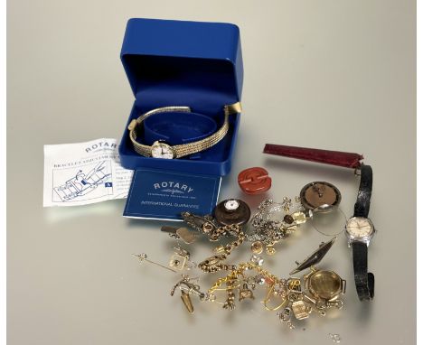 A collection to include; gilt metal chains and white metal chains, brooches, a Rotary gilt metal quartz watch with box etc (A