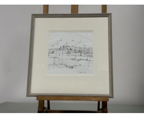 Signed indistinctly, St Monans with Seagulls, pen sketch, signed and dated '02 bottom right, label verso, in a glazed frame. 