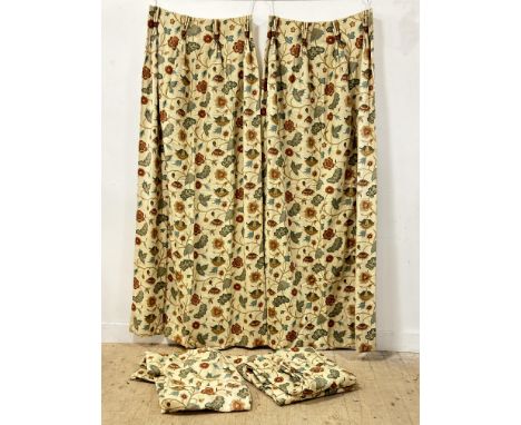 A set of four cotton Ottoman inspired lotus flower andf leaf design printed interlined with weighted hem curtains with rouche