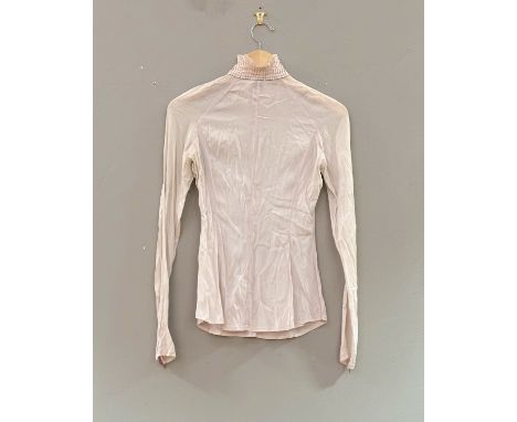 A vintage Prada velvet skirt (40) and a vintage Gucci polyester top, high collar, zipper back in soft pink (42), worn conditi