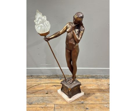 A reproduction spetler Egyptian revival figure lamp after Michael Morti Austrian (1875-1917) holding a flaming torch with opa