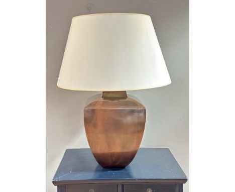 A large copper bronzed square tapered table lamp and shade: h. x 92cm  base x l. x 36cm to top 