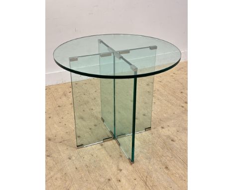 A tempered glass circular lamp table on glass X frame supports (h.71cm x d.82cm)