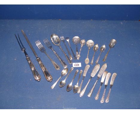 A small quantity of cutlery including carving fork and steel, six teaspoons, jam spoon, butter knives etc.