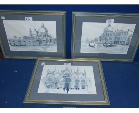 Three framed and mounted Morgan Llewellyn Pencil and Wash paintings of Venice to include; 'San Marco', 'San Salute', etc. 15 