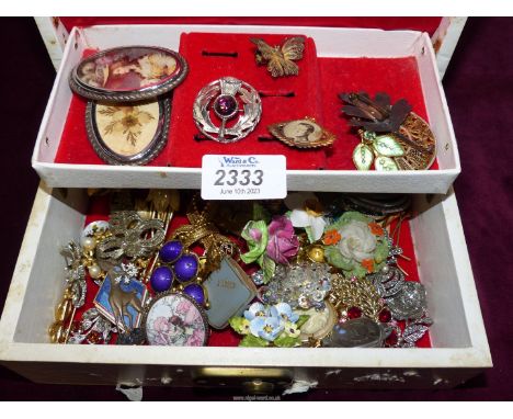 A quantity of costume jewellery brooches including china, copper leaf, enamel 'Aberystwyth' butterfly etc. all in a white jew