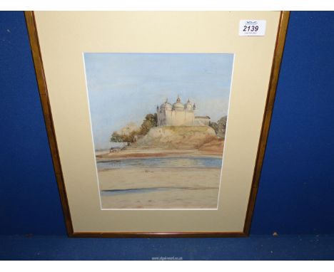 A framed and mounted Watercolour depicting an Arabic seascape with a Mosque on a hill, no visible signature. 14 3/4" x 17 3/4