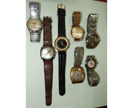 Seven gentleman's wristwatches with clockwork movements including Saxon 17 jewels black face and cream double rotating perime