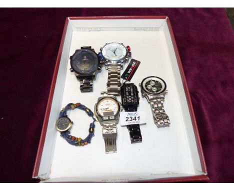 Six wristwatches including; Timex 'Ironbru' Indiglo, a black Binary watch, Accurist, Weide, Shark and Kahuna.