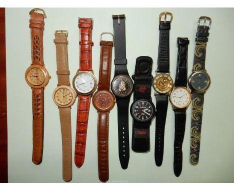 Nine quartz movement Watches including "K.E." with date window at the 3 o'clock position, Modern English Rococo, unnamed with