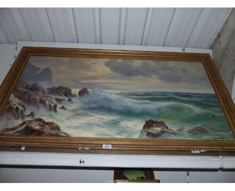 A large Oil on canvas of a seascape signed Guido Odierna, approx. 3' 11" x 2' 2", Possibly "Breakers, Capri".