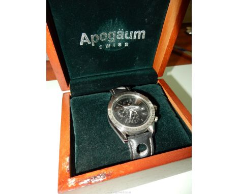 A wooden presentation cased "Apogaum Chronograph Automatic" gentleman's wristwatch having a screw-down crown, a gloss/texture