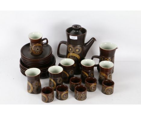 A mid to late 20th century Denby coffee set "Arabesque" design consisting of coffee pot, six cups, jug, six egg cups, six sau