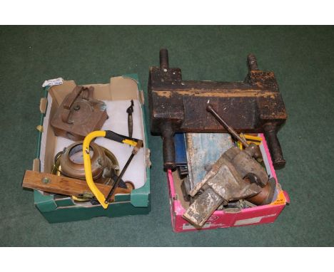 A collection of various tools to include socket set, spirit level, two vices etc housed within two boxes&nbsp;