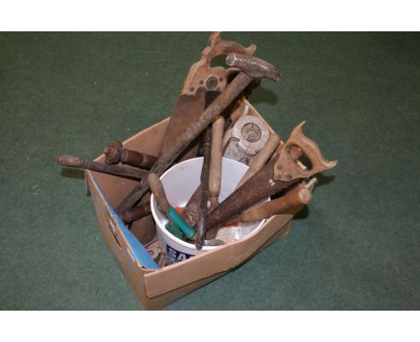A collection of hand tools to include hand saws, spanners etc (Qty)
