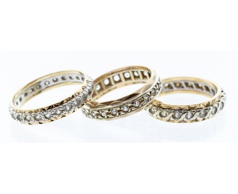 Three 9ct gold stone set full eternity ring set with white stones possibly white quartz, sizes N, Q1/2, O,  total combined gr