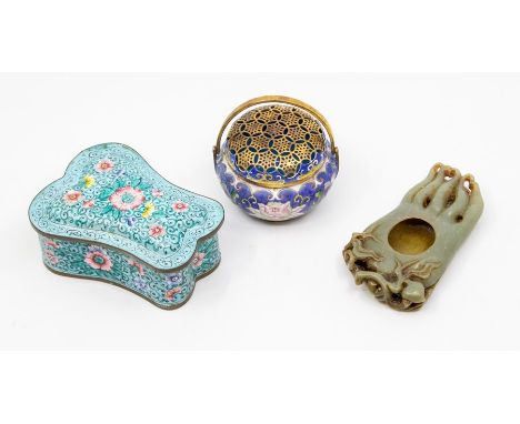 A Chinese enamel hand warmer, c11m; a jade water pot in the form of a citreon buddas hand fruit, 11cm; and a Canton box and c