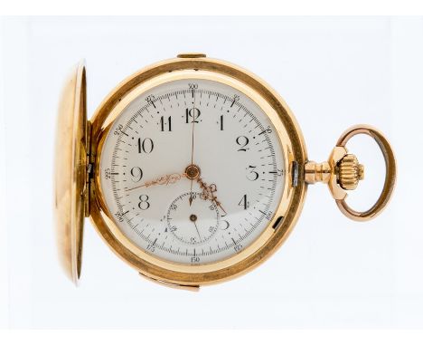 A continental 14ct gold French hunter chronograph repeater pocket watch, white enamel dial with number markers, subsidiary se