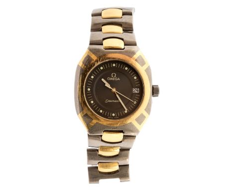 Omega-  a gentleman's Omega Seamaster titanium and gold wristwatch, circa 1990's, round black tone dial with cream luminous  