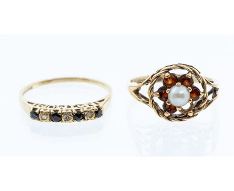 A garnet and pearl set 9ct gold cluster ring a/f one garnet deficient, size M1/2, along with a sapphire and diamond 9ct gold 