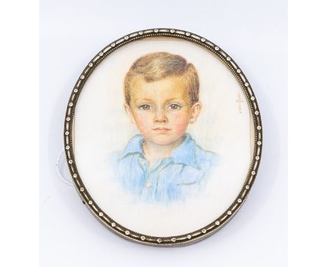 Iris C. Moncrieff Bell, oval portrait miniature, young boy wearing a blue shirt, signed, approx 7.5cm x 6.5cm, framed