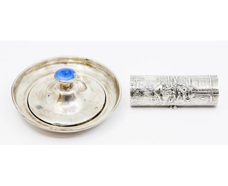 A George V silver and enamel table mirror and stand, the mirror with domed cover with mushroom blue enamelled finial, resting